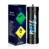 A black nitrous oxide canister with "Well 640g Whip" in blue text alongside a blue box labeled "Whip Original." Hazard symbols indicate gas and flammability.