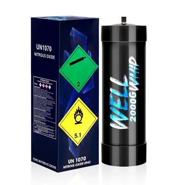 A black nitrous oxide canister with "Well 640g Whip" in blue text alongside a blue box labeled "Whip Original." Hazard symbols indicate gas and flammability.