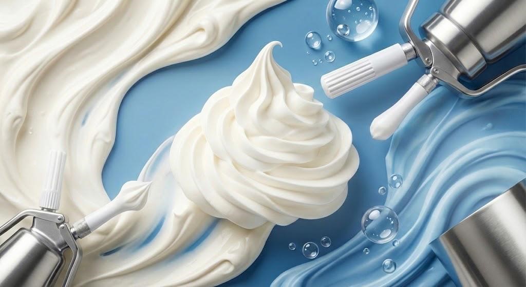 Swirls of white and blue whipped cream on a blue background, flanked by two cream dispensers. Water droplets add a fresh, smooth feel to the scene.