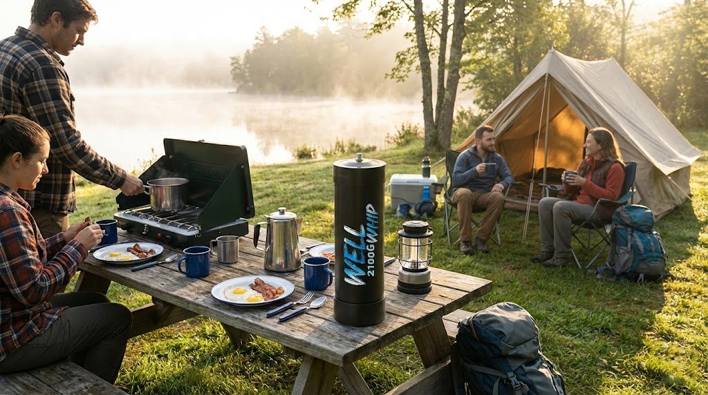 A serene campsite by a misty lake with two people cooking breakfast on a picnic table. Two others sit near a tent, drinking from mugs, evoking a warm, relaxing atmosphere.