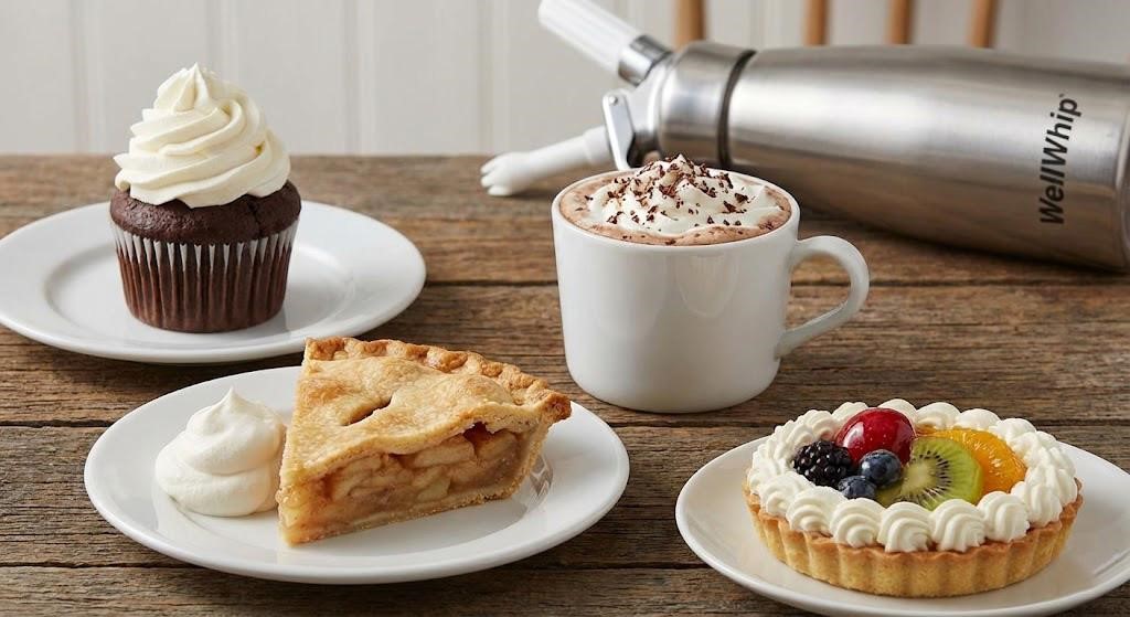 A delicious assortment of desserts on a wooden table: a cupcake, hot chocolate with whipped cream, apple pie slice, and fruit tart. A whipped cream dispenser is nearby.