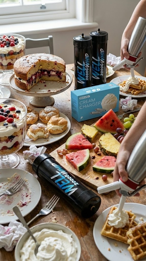 A table filled with desserts, including a layered cake, pastries, trifle, and waffles. Fresh fruit and whipped cream are being prepared. Bright and inviting.