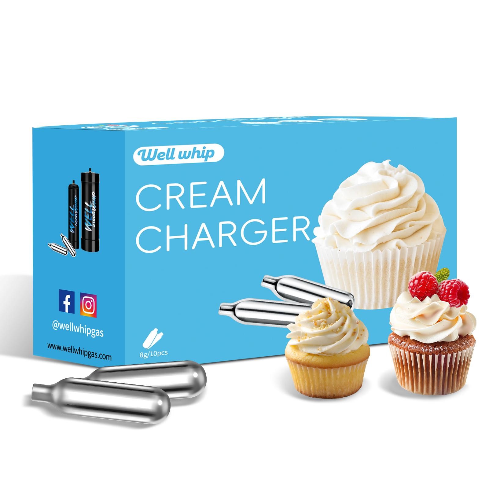 Blue box of Well Whip cream chargers with cupcakes. Silver chargers and decorated cupcakes convey a playful, sweet theme. Social media icons included.