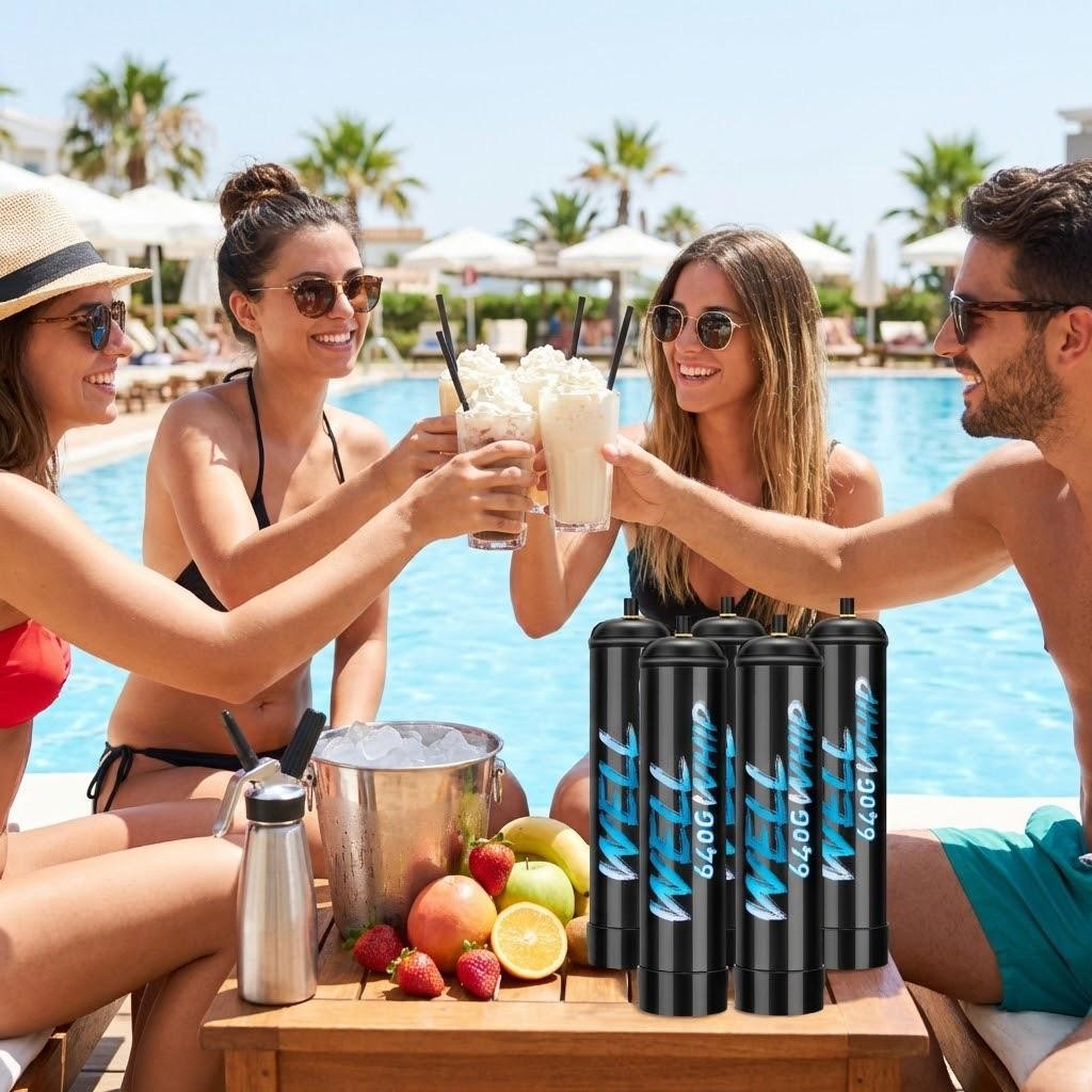 Four friends in swimwear cheer with milkshakes by a pool. A table with fruit, an ice bucket, and bottles labeled "Well 640G Whip" is in the foreground.