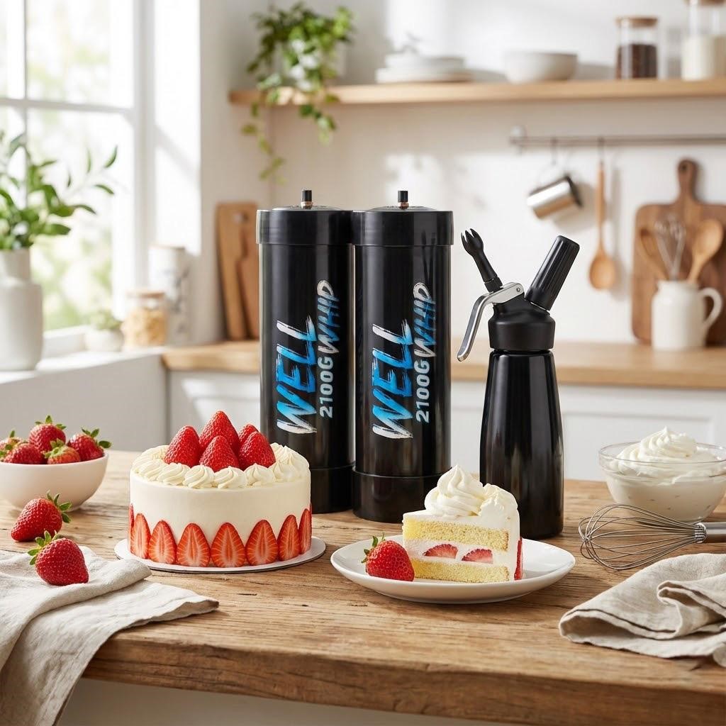 A bright kitchen scene with a strawberry cake on a wooden table, flanked by whipped cream dispensers and fresh strawberries. The mood is inviting and celebratory.