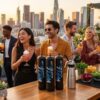 A cheerful group of people enjoys colorful cocktails on a rooftop bar at sunset, with a city skyline in the background. The scene conveys joy and socialization.
