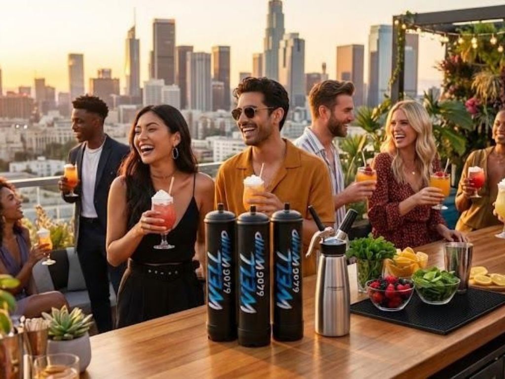 A cheerful group of people enjoys colorful cocktails on a rooftop bar at sunset, with a city skyline in the background. The scene conveys joy and socialization.