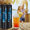 Three black canisters labeled "WELL 640G WHIP" stand on a wooden table with a tropical drink in the foreground. A smiling couple enjoys drinks by the beach.