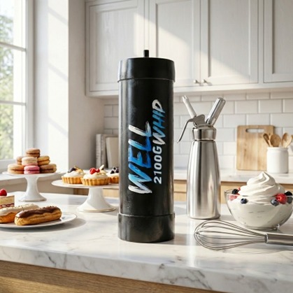 A kitchen counter with a whipped cream dispenser, pastries, and a black Well 2100GWhip cartridge. The scene is bright and inviting.