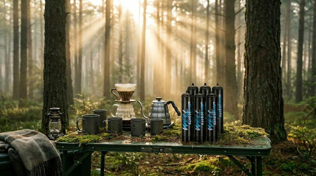 Sunlight streams through a serene forest, illuminating a moss-covered table with coffee brewing gear and bottles, creating a peaceful, inviting atmosphere.