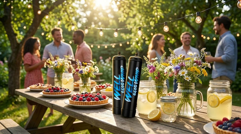 Outdoor garden party with people mingling near a wooden table. It’s adorned with berry pies, mason jars of lemonade, and flowers. String lights create a warm ambience.