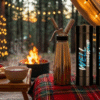 Camping scene with a plaid blanket, cream dispensers, and a bowl of fruit and pastries on a table. A campfire glows, surrounded by trees and string lights. Cozy, outdoor vibe.