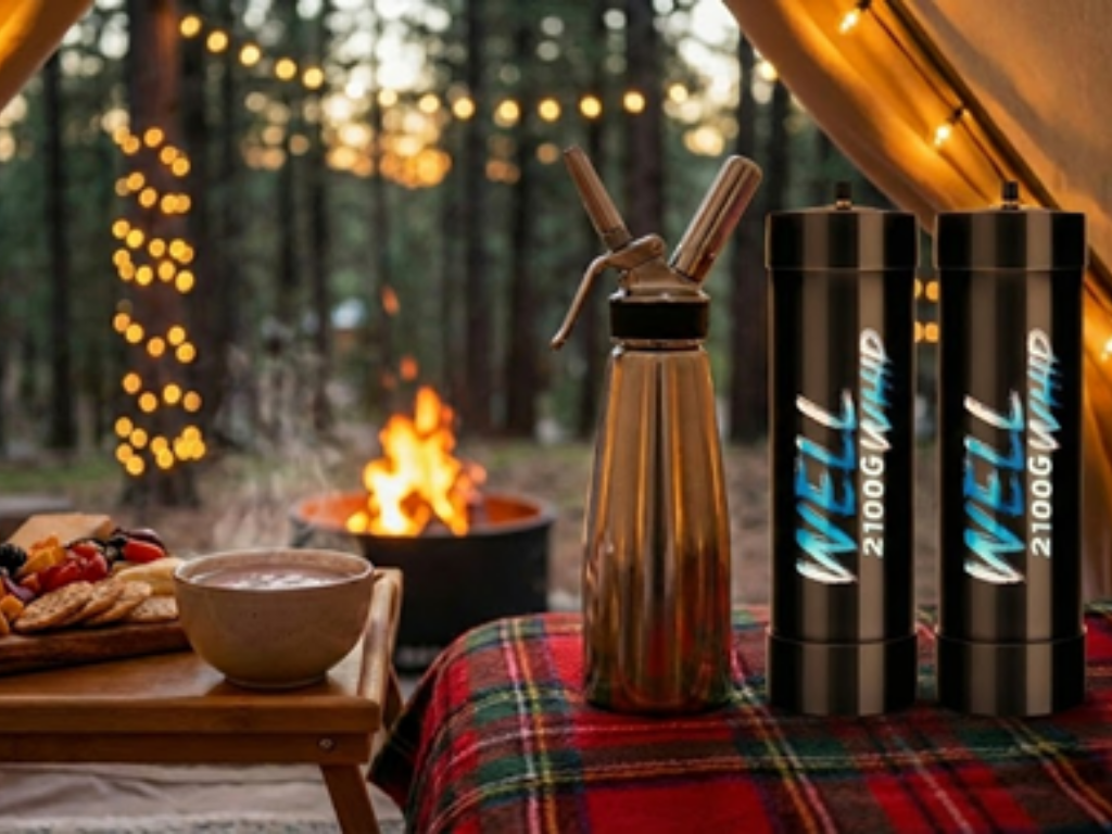 Camping scene with a plaid blanket, cream dispensers, and a bowl of fruit and pastries on a table. A campfire glows, surrounded by trees and string lights. Cozy, outdoor vibe.