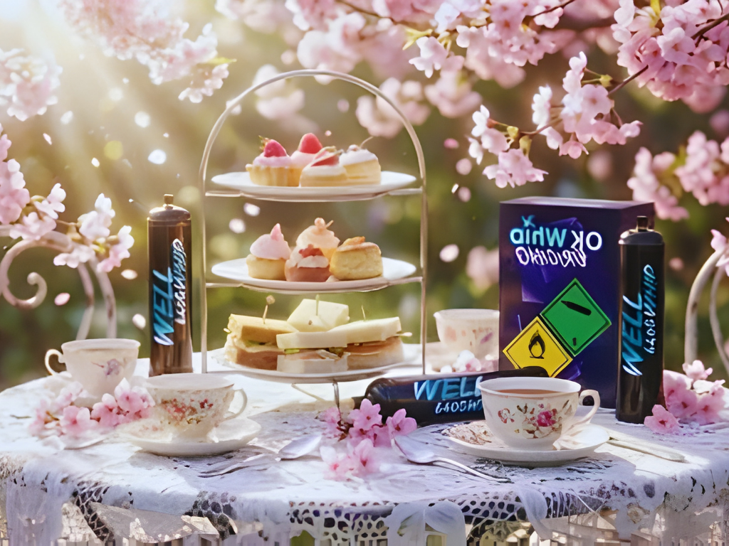 Tea party under cherry blossoms with sunlight filtering through. A lace tablecloth holds floral teacups, a tiered tray of pastries, and decorative items.
