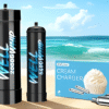 Image of two black whipped cream chargers labeled "WELL 2000G" and "640G WHIP" on a beach with a blue box and ocean waves in the background.