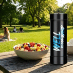 A sunny park scene with people having a picnic on the grass. In the foreground, a large black whipped cream charger is next to bowls of fruit and cream on a wooden table.