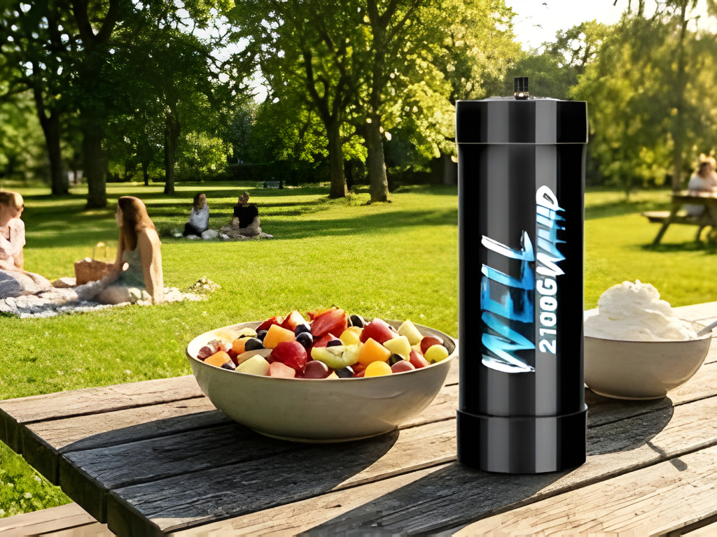Picnic Table: A bowl of fruit and a "WellWhip" cylinder on a picnic table in a park.