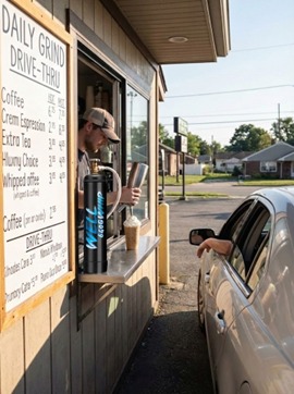 Drive-thru cafe scene with a barista in a cap handing a drink to a customer in a white car. A menu board and drink can are visible in the foreground.