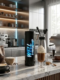 Sleek modern kitchen with warm lighting, featuring a coffee station. A glass of whipped coffee is in the foreground, creating a cozy and inviting atmosphere.