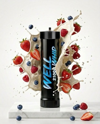 A black whipped cream canister labeled "WELL 2100g WHIP" surrounded by splashing cream, strawberries, and blueberries on a white marble slab. Energetic and fresh.