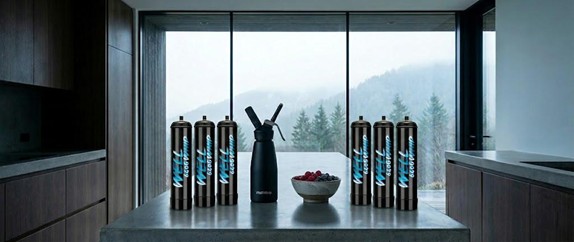 Modern kitchen with a sleek concrete countertop featuring a siphon, several dark metallic canisters, and a bowl of berries. Large windows reveal misty forested mountains, creating a serene, minimalist ambiance.