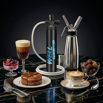 A luxurious dessert setup features a whipped cream dispenser, cakes, coffee, a parfait, and chocolates on a dark marble table, evoking indulgence.