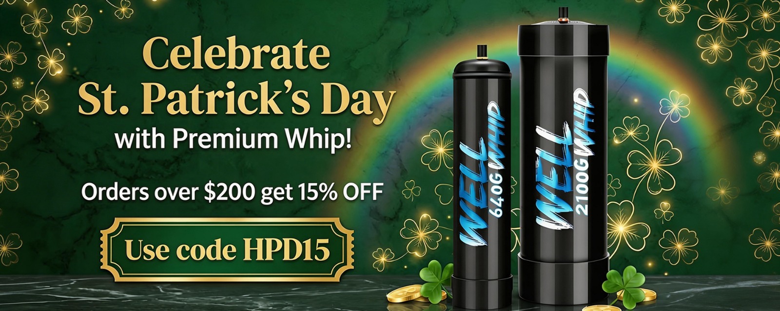 St. Patrick’s Day: A green promotional graphic for St. Patrick's Day featuring cylinders.
