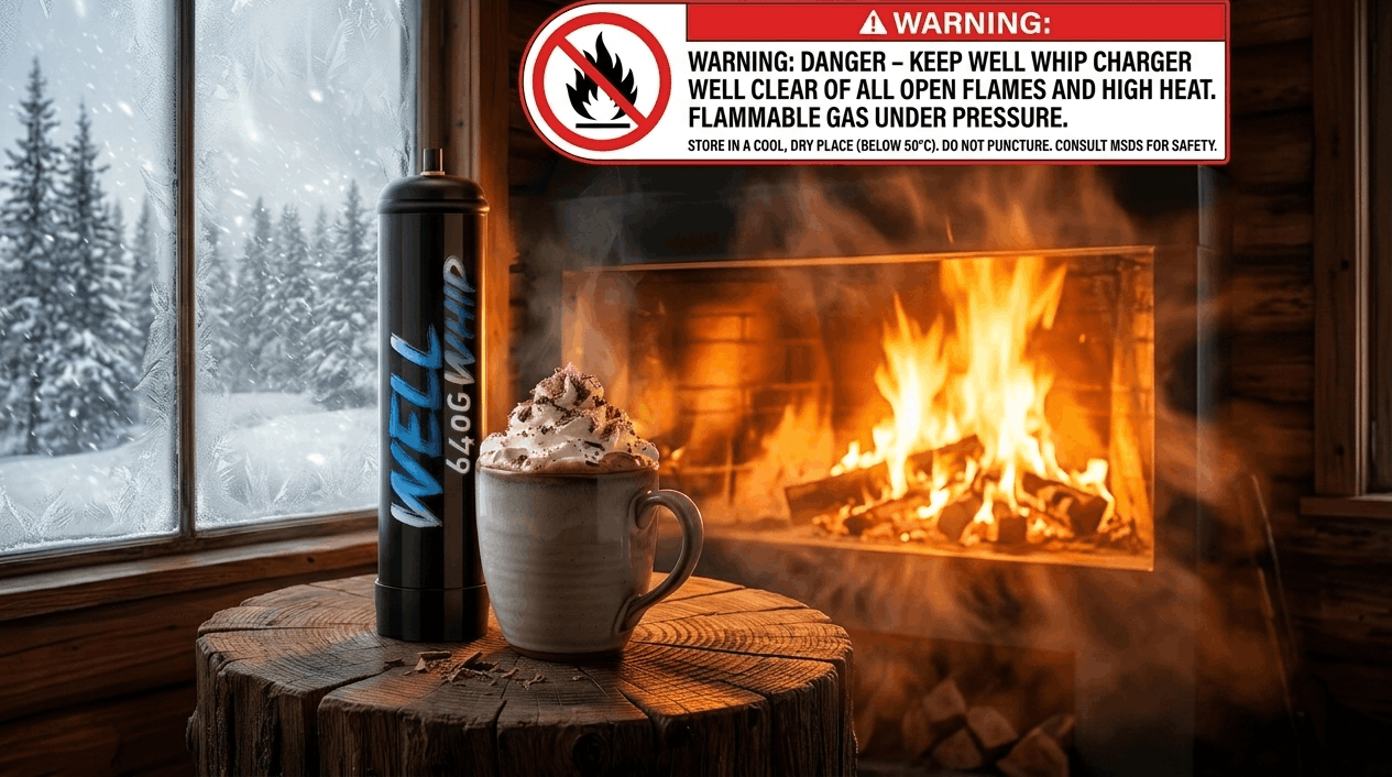 Storing WellWhip 640g Whipped Cream Chargers safely away from open flames