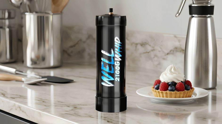 Wellwhip 3.3L whipped cream charger standing on the table