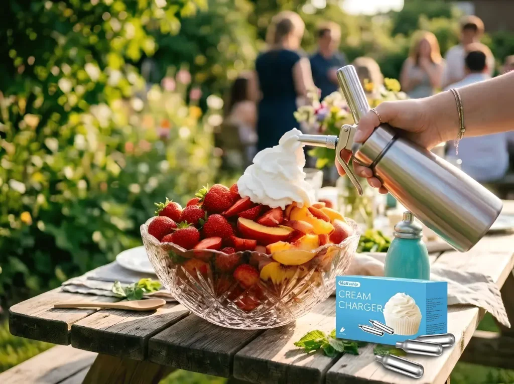 WellWhip 8g Whipped Cream Chargers with finished dessert and dispenser